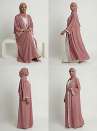 Dusty Pink Lace Trim Open Front Abaya