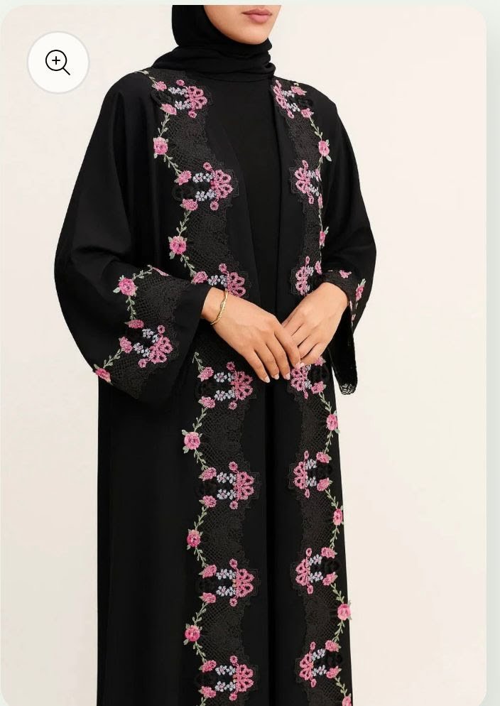Black Floral Embroidered Open Front Abaya