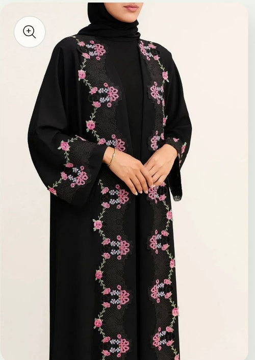 Black Floral Embroidered Open Front Abaya