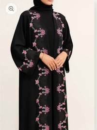 Black Floral Embroidered Open Front Abaya