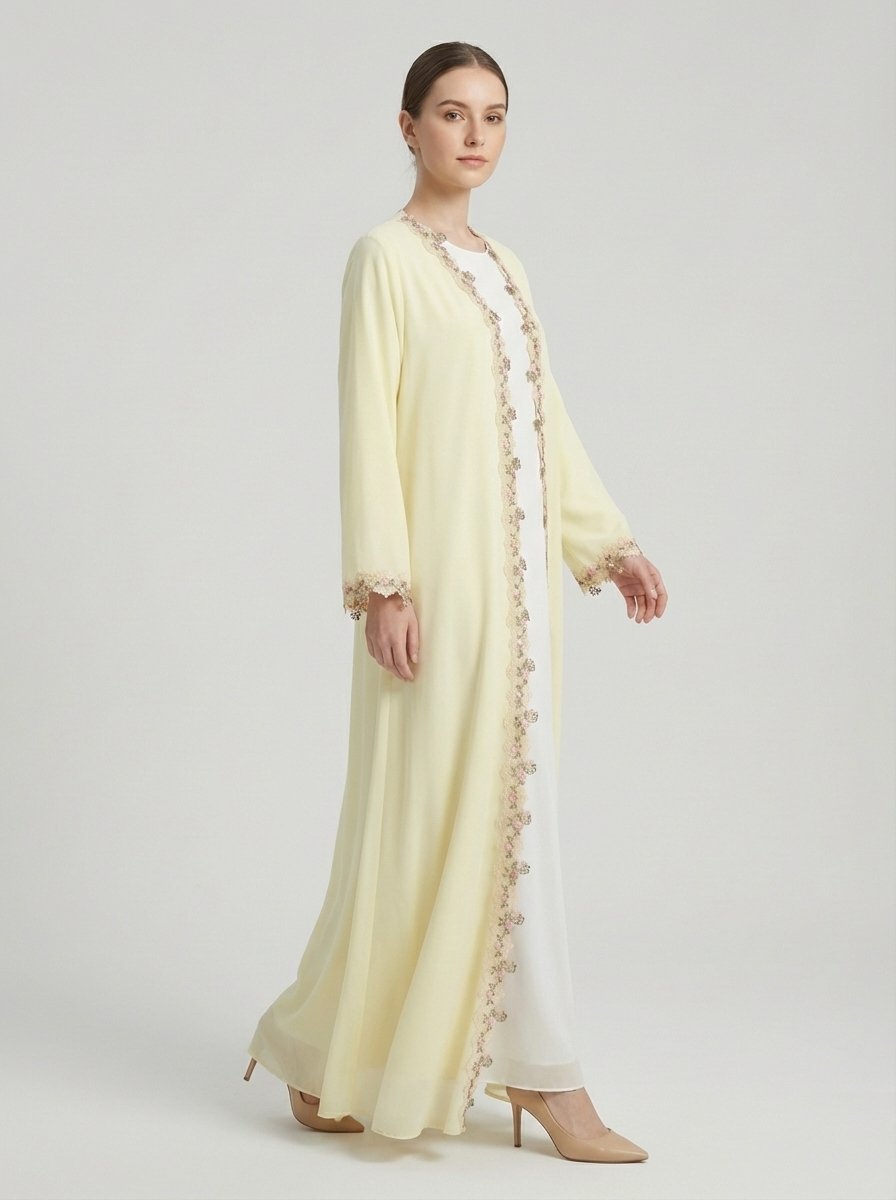 Pale Yellow Floral Lace Trim Open Front Abaya