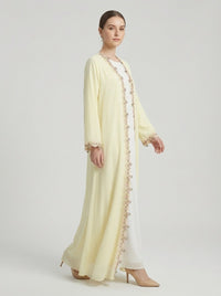 Pale Yellow Floral Lace Trim Open Front Abaya