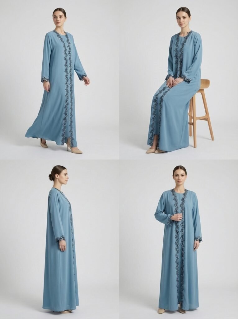 Light Blue Leaf Lace Trim Open Front Abaya