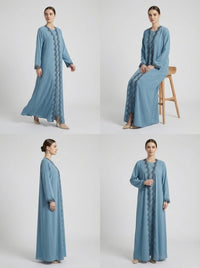 Light Blue Leaf Lace Trim Open Front Abaya