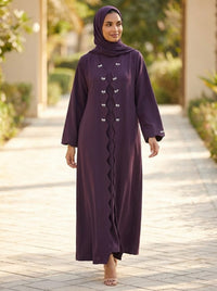 Deep Purple Scalloped Edge Open Front Abaya with Bow Accents
