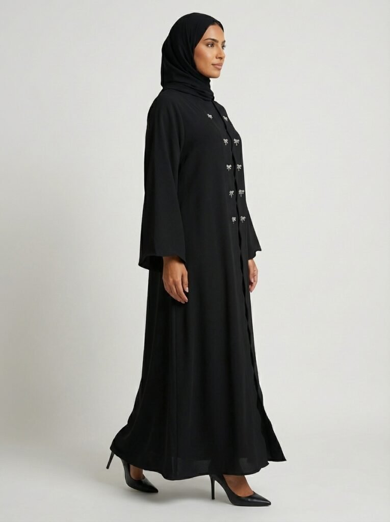Classic Black Scalloped Edge Abaya with Bow Accents