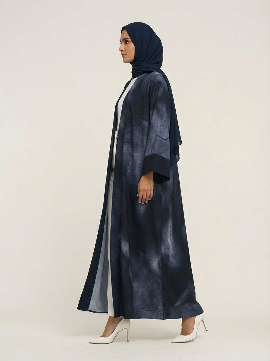 Navy Blue Abstract Print Open Front Abaya