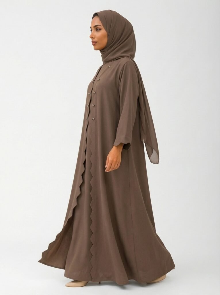 Mocha Brown Scalloped Edge Abaya with Bow Accents
