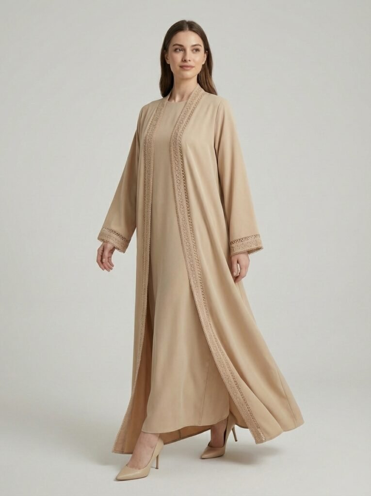 Beige Geometric Lace Trim Open Front Abaya