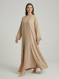 Beige Geometric Lace Trim Open Front Abaya