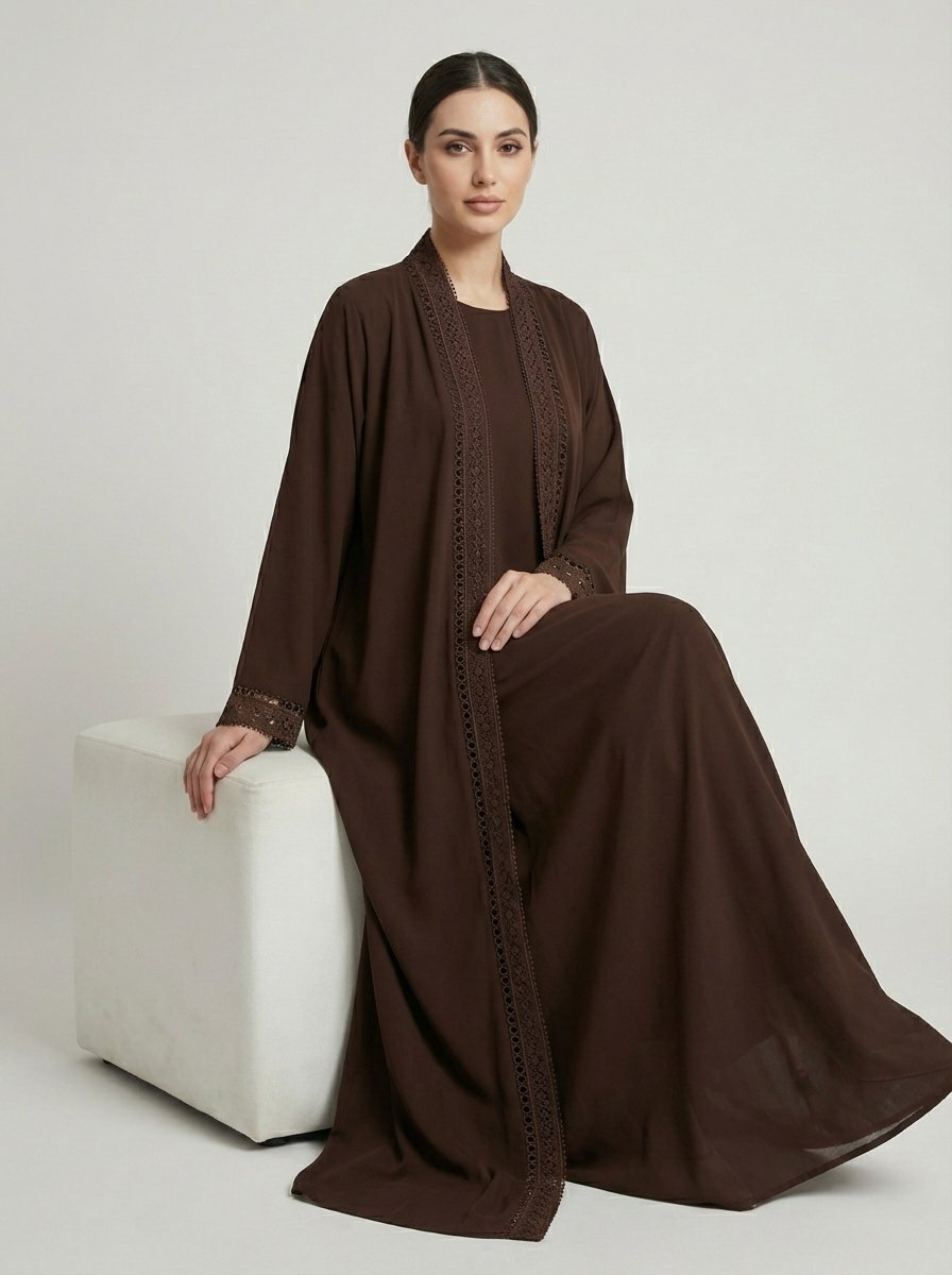 Dark Brown Geometric Lace Trim Open Front Abaya
