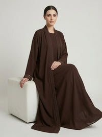 Dark Brown Geometric Lace Trim Open Front Abaya