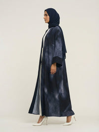 Navy Blue Abstract Print Open Front Abaya