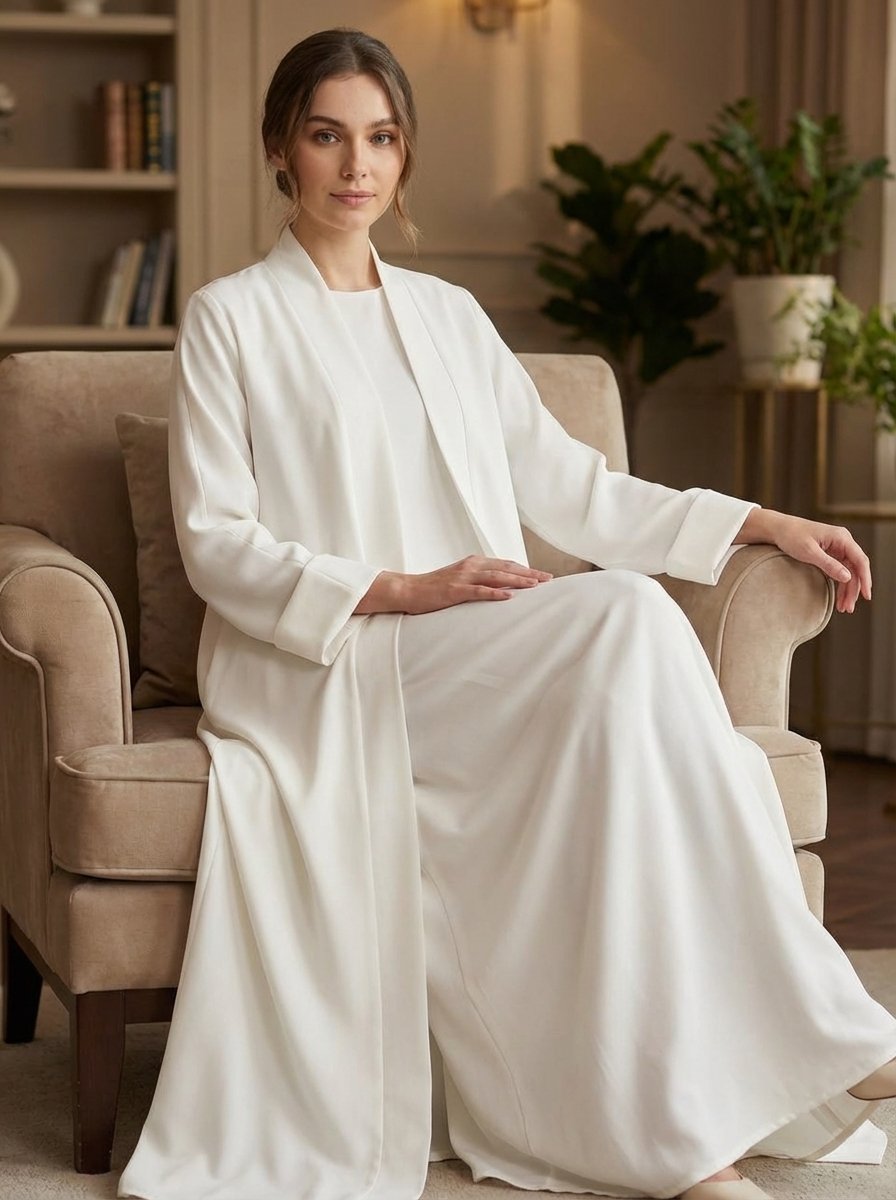Classic Pure White Open Front Abaya Set