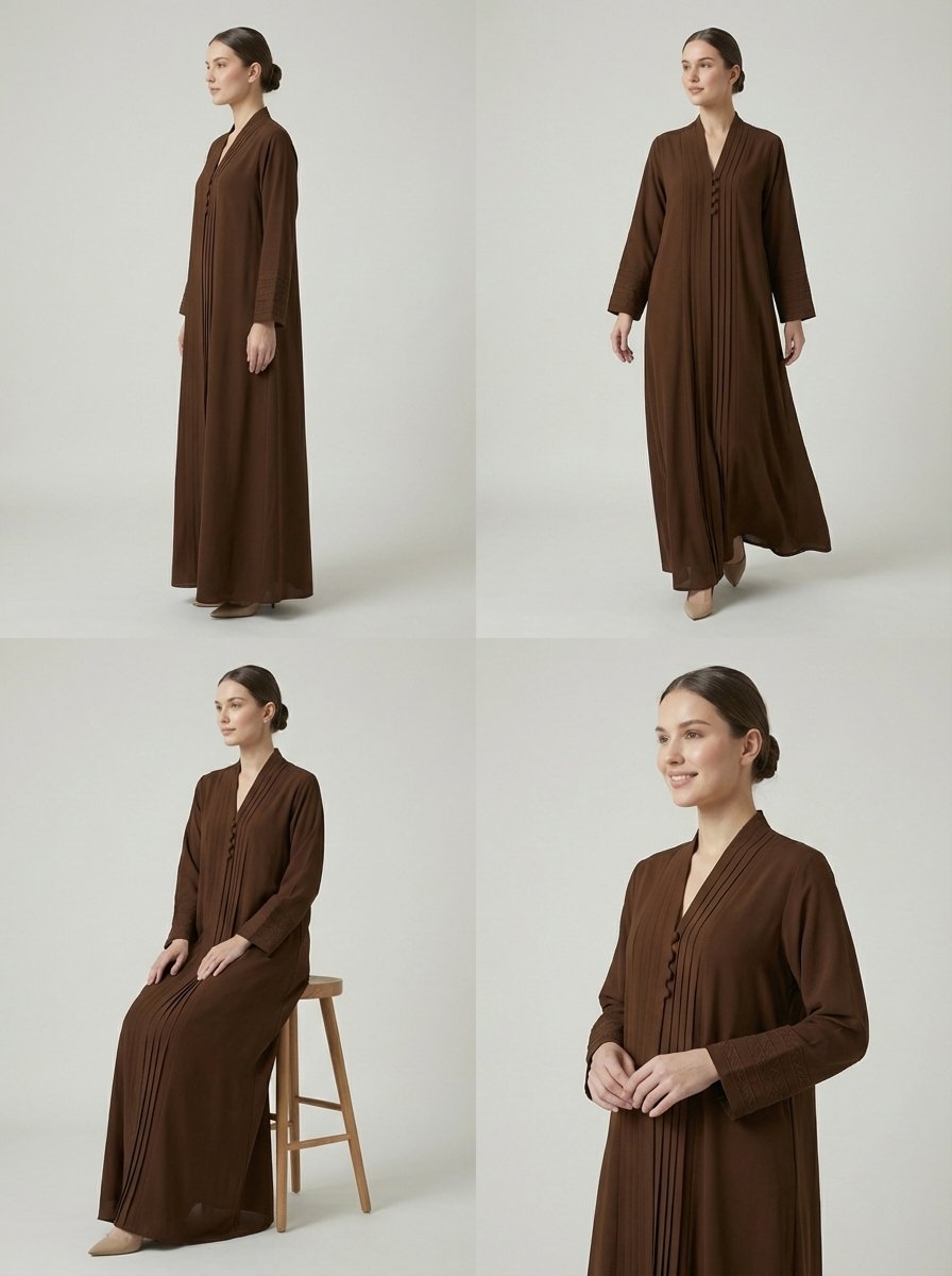 Chocolate Brown Pleated Front Abaya with Button Details