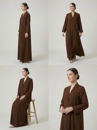 Chocolate Brown Pleated Front Abaya with Button Details