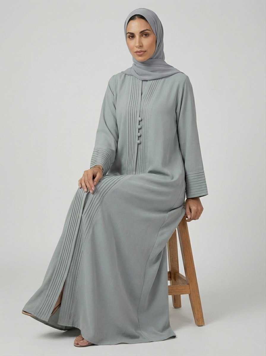 Light Gray Pleated Front Abaya with Button Details