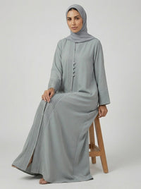 Light Gray Pleated Front Abaya with Button Details