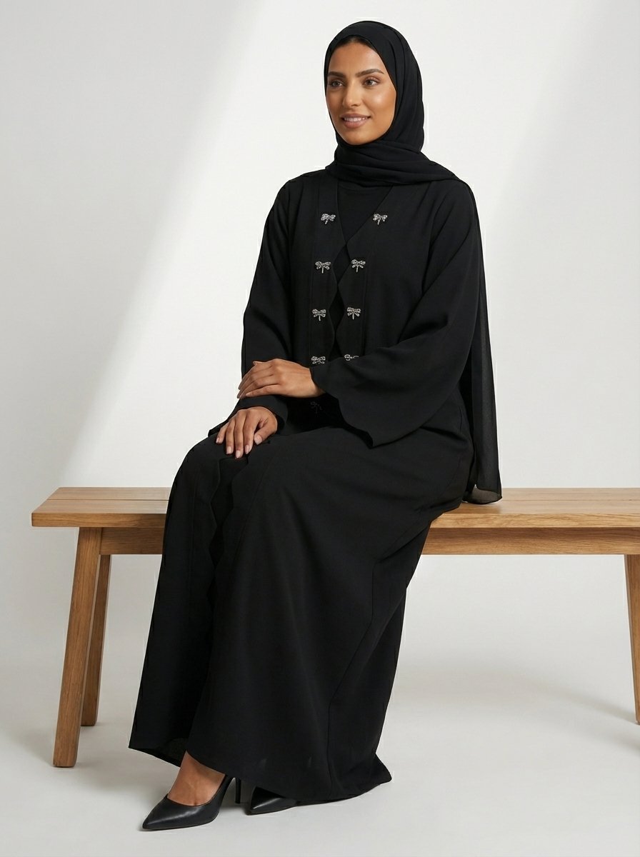 Classic Black Scalloped Edge Abaya with Bow Accents