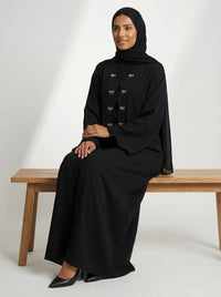 Classic Black Scalloped Edge Abaya with Bow Accents