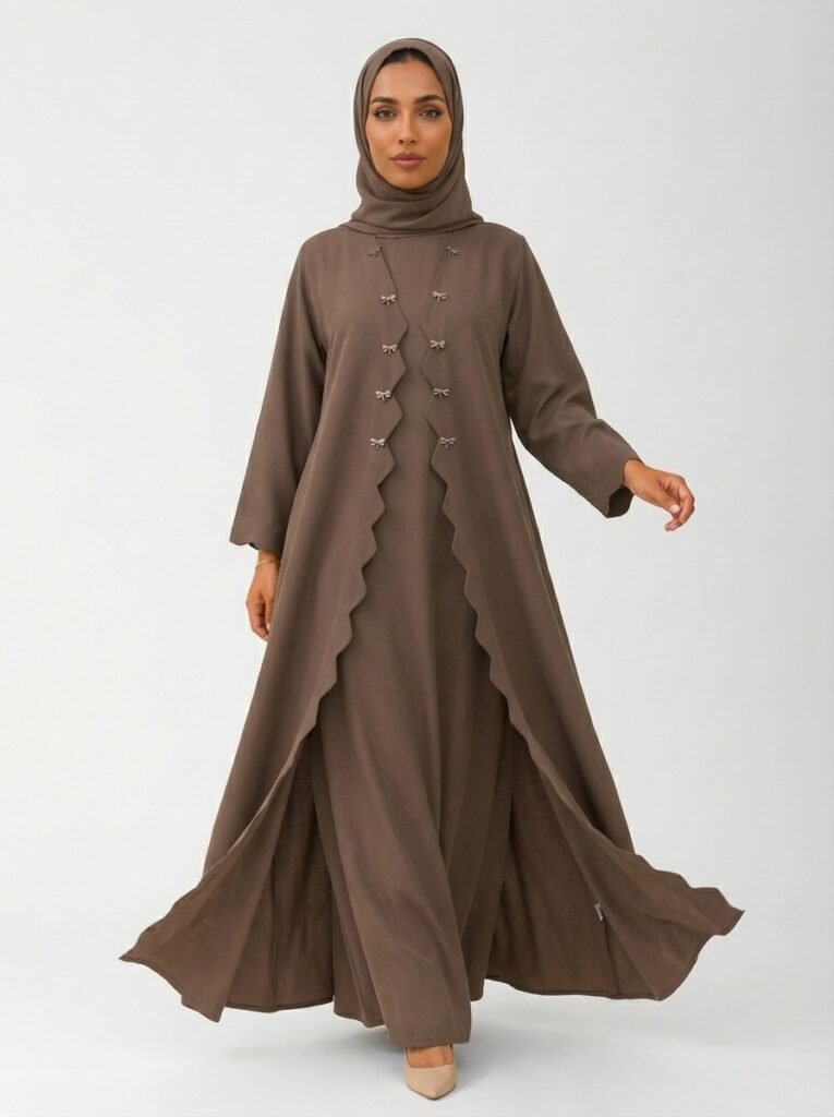 Mocha Brown Scalloped Edge Abaya with Bow Accents