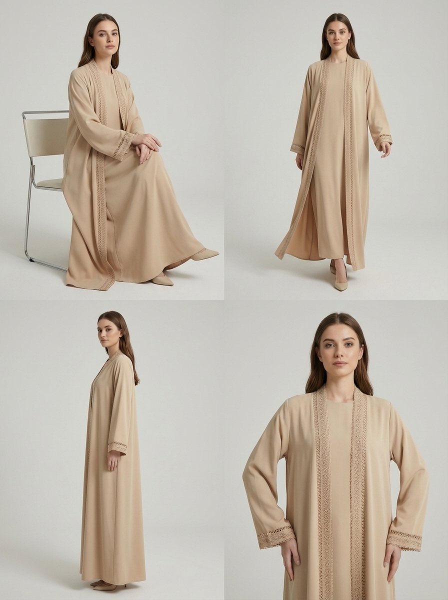 Beige Geometric Lace Trim Open Front Abaya