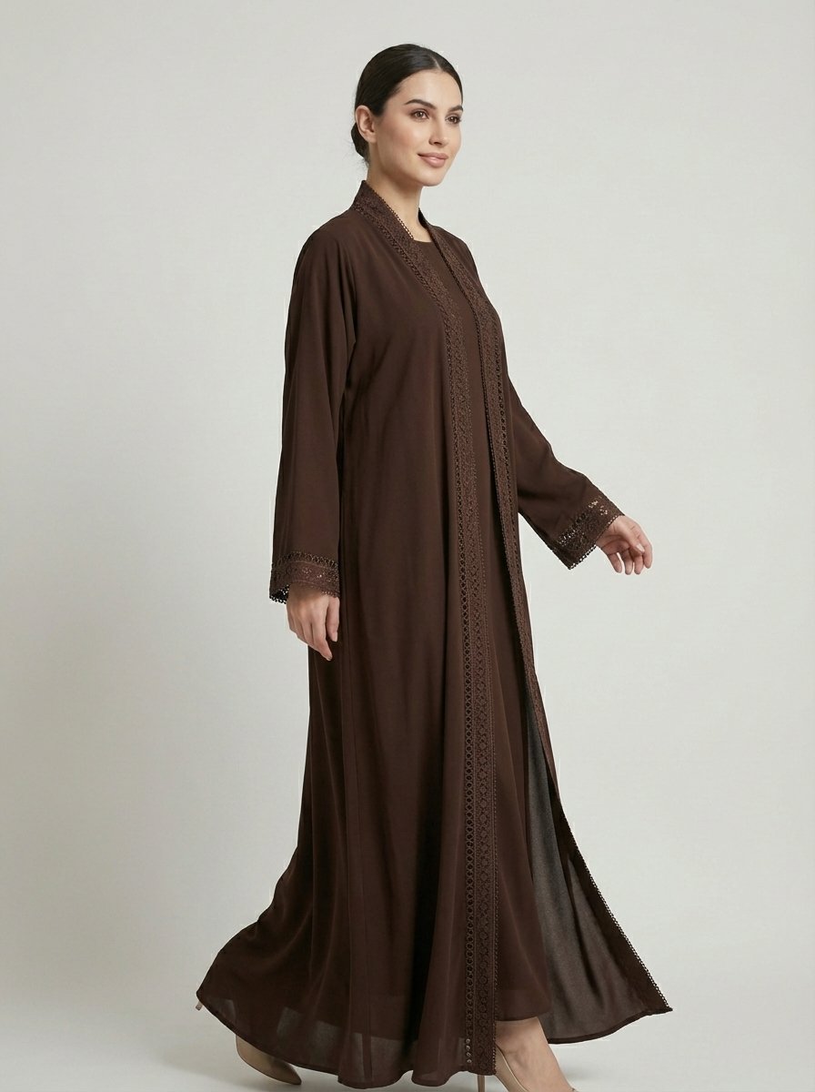 Dark Brown Geometric Lace Trim Open Front Abaya