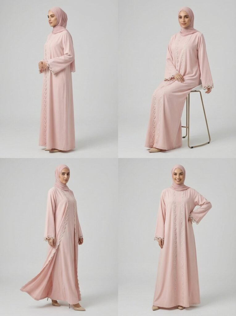 Blush Pink Scalloped Lace Trim Open Front Abaya