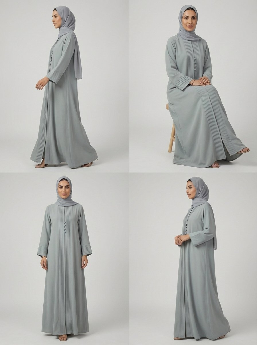 Light Gray Pleated Front Abaya with Button Details