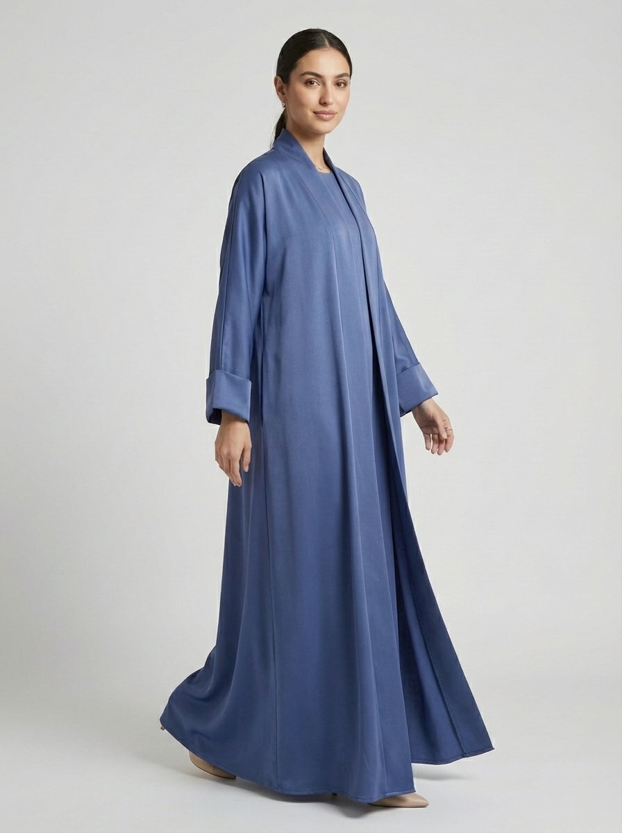 Classic Dusty Blue Open Front Abaya Set