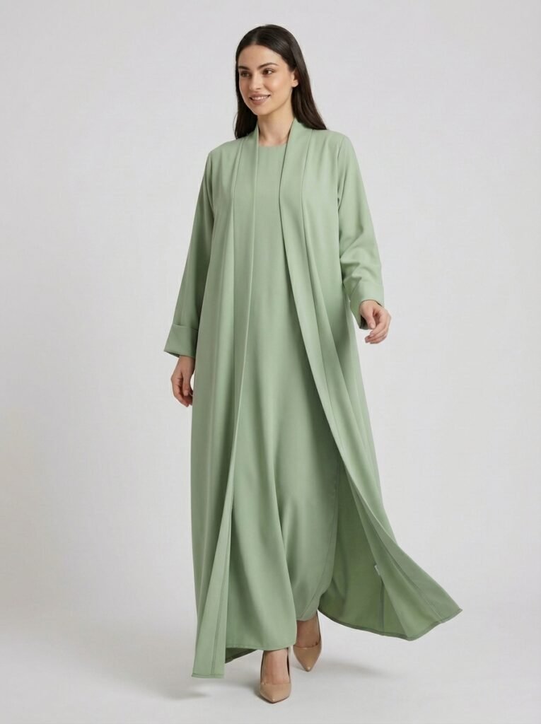 Classic Sage Green Open Front Abaya Set