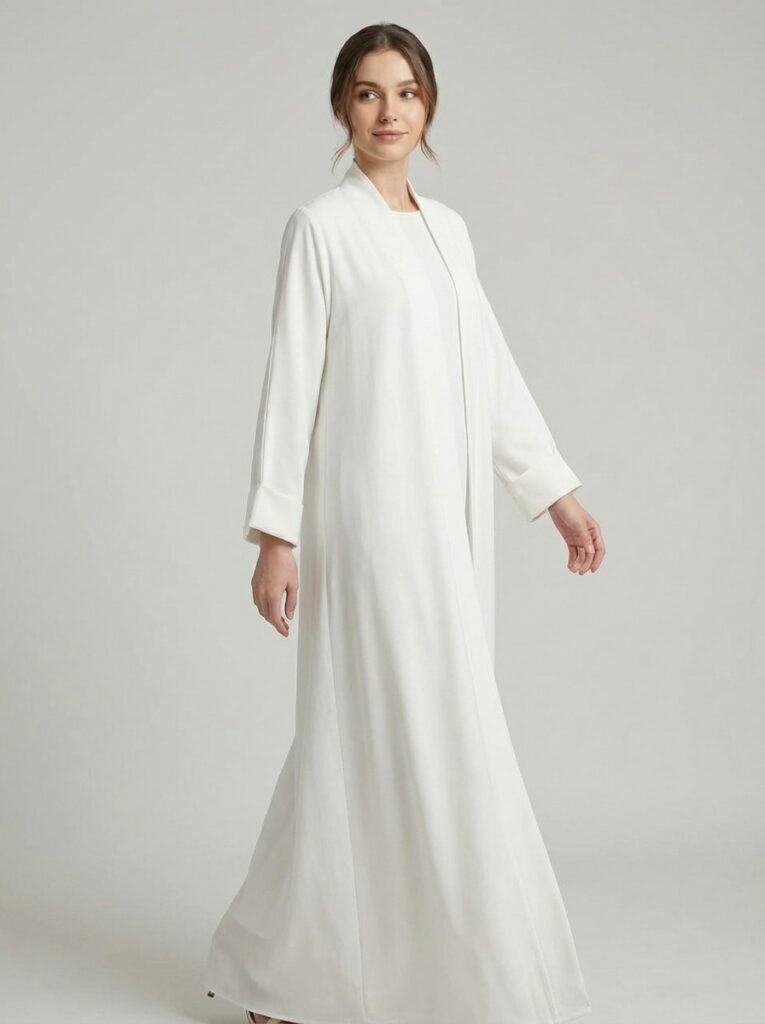 Classic Pure White Open Front Abaya Set