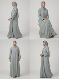 Light Gray Pleated Front Abaya with Button Details