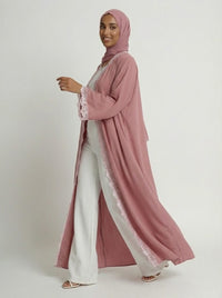 Dusty Pink Lace Trim Open Front Abaya