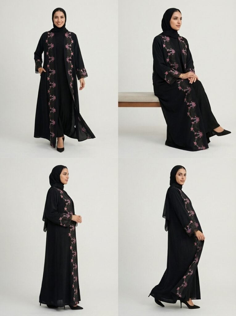 Black Floral Embroidered Open Front Abaya