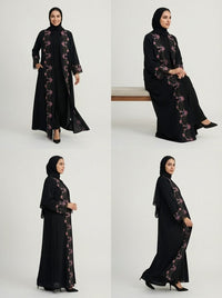 Black Floral Embroidered Open Front Abaya