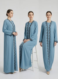 Light Blue Leaf Lace Trim Open Front Abaya