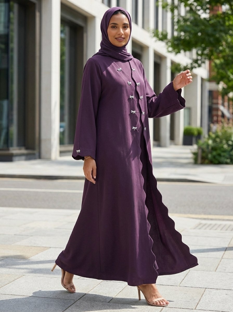 Deep Purple Scalloped Edge Open Front Abaya with Bow Accents