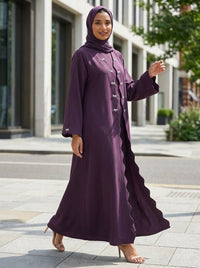 Deep Purple Scalloped Edge Open Front Abaya with Bow Accents