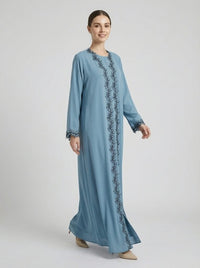 Light Blue Leaf Lace Trim Open Front Abaya
