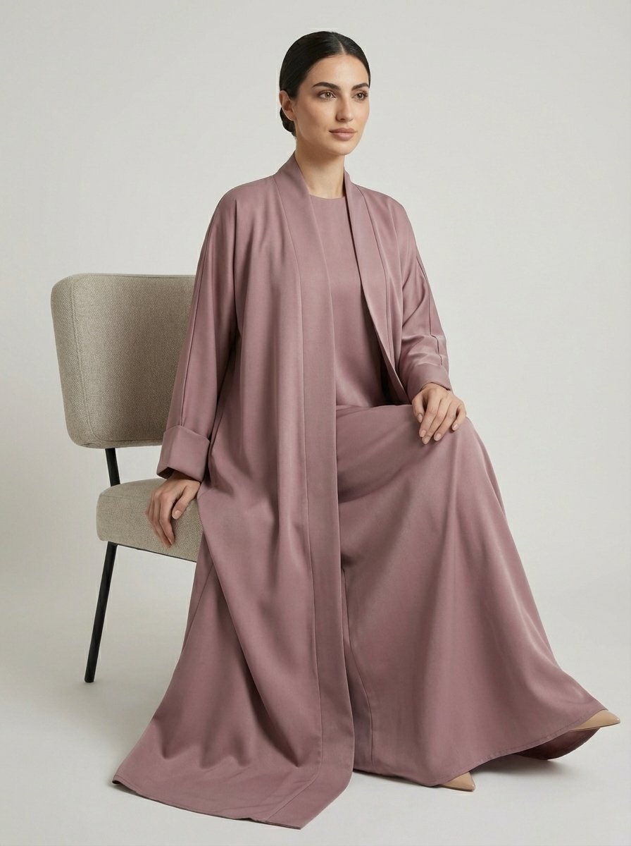 Classic Dusty Mauve Open Front Abaya Set
