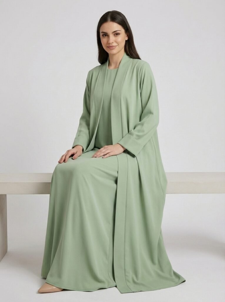 Classic Sage Green Open Front Abaya Set