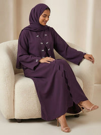 Deep Purple Scalloped Edge Open Front Abaya with Bow Accents