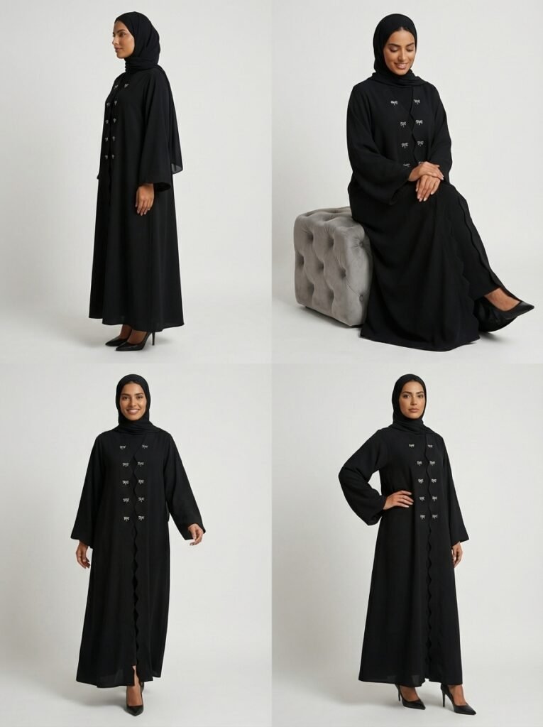 Classic Black Scalloped Edge Abaya with Bow Accents