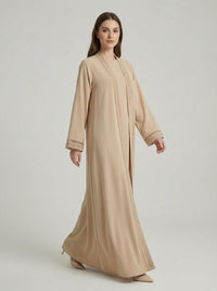 Beige Geometric Lace Trim Open Front Abaya