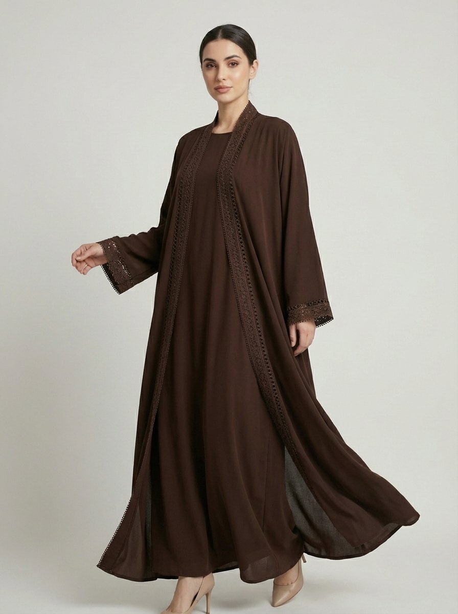 Dark Brown Geometric Lace Trim Open Front Abaya