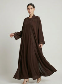 Dark Brown Geometric Lace Trim Open Front Abaya