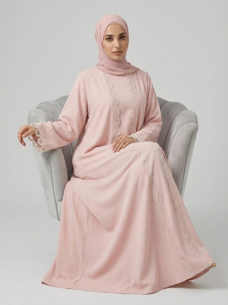 Blush Pink Scalloped Lace Trim Open Front Abaya