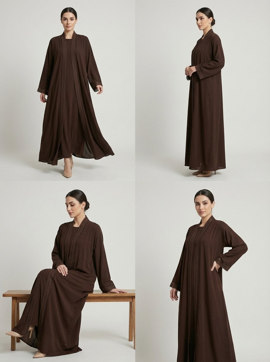 Dark Brown Geometric Lace Trim Open Front Abaya