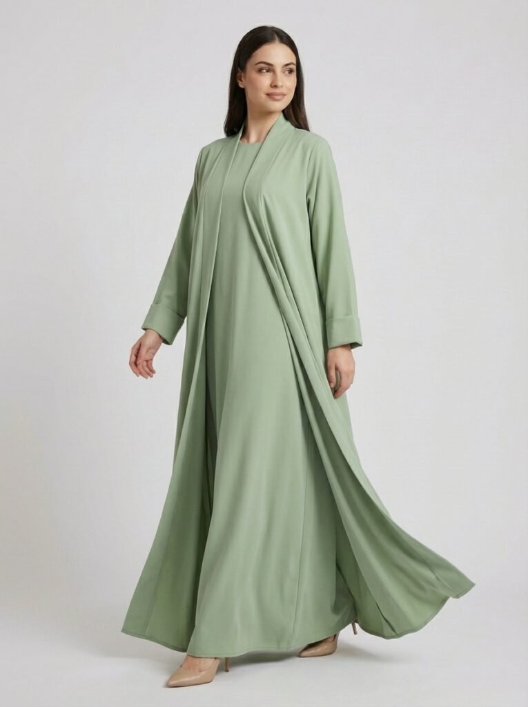 Classic Sage Green Open Front Abaya Set